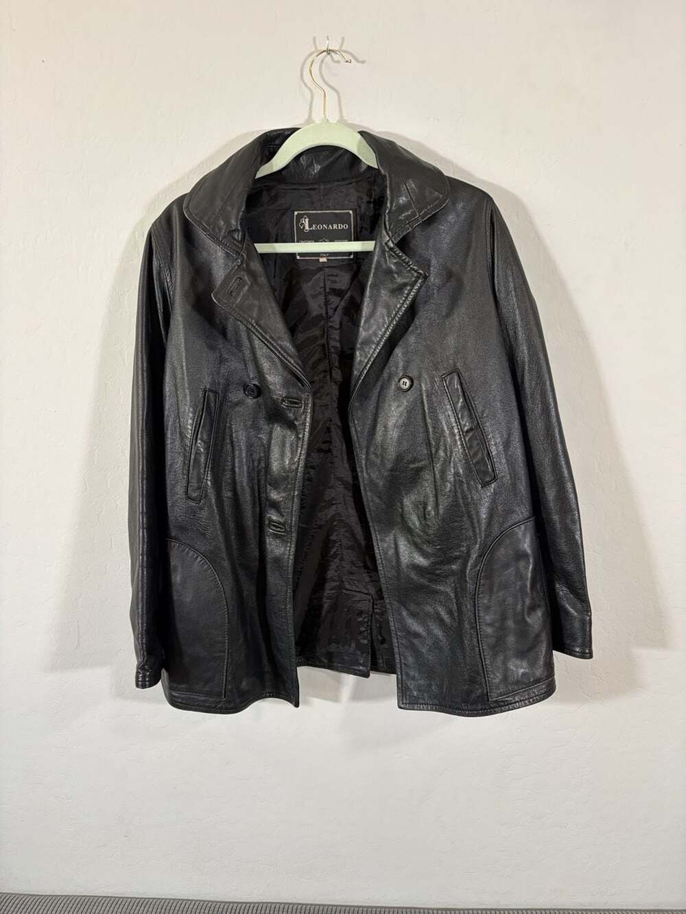 Leonardo Leather Jacket Size 42 Black Genuine Italian Coat